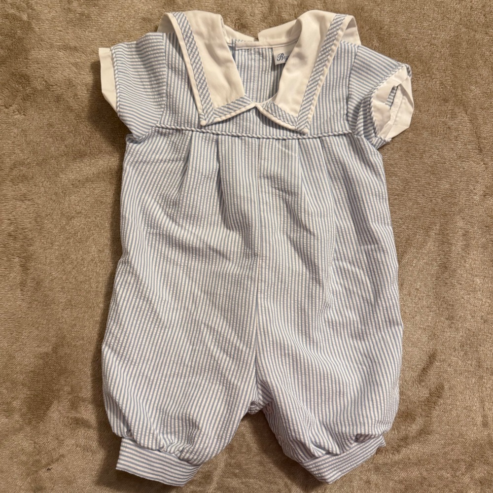 Bryan Baby Boy Blue White Seersucker Sailor Collar Romper Short Sleeve One Piece